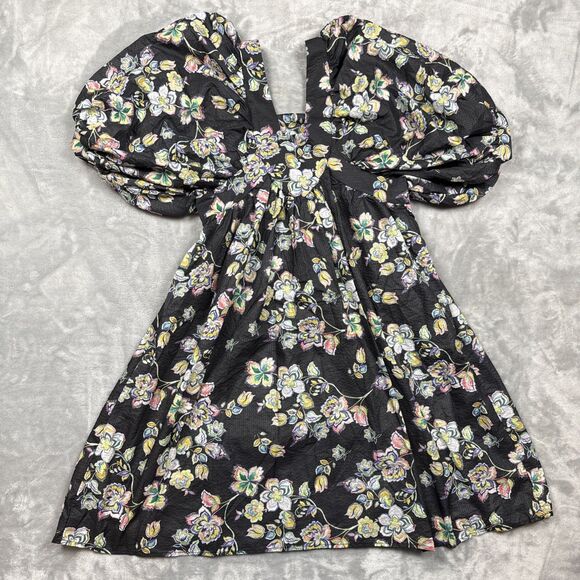 Beulah Style Floral Puff Sleeve Mini Dress Black Multicolor KE3055 Size All - Picture 9 of 9